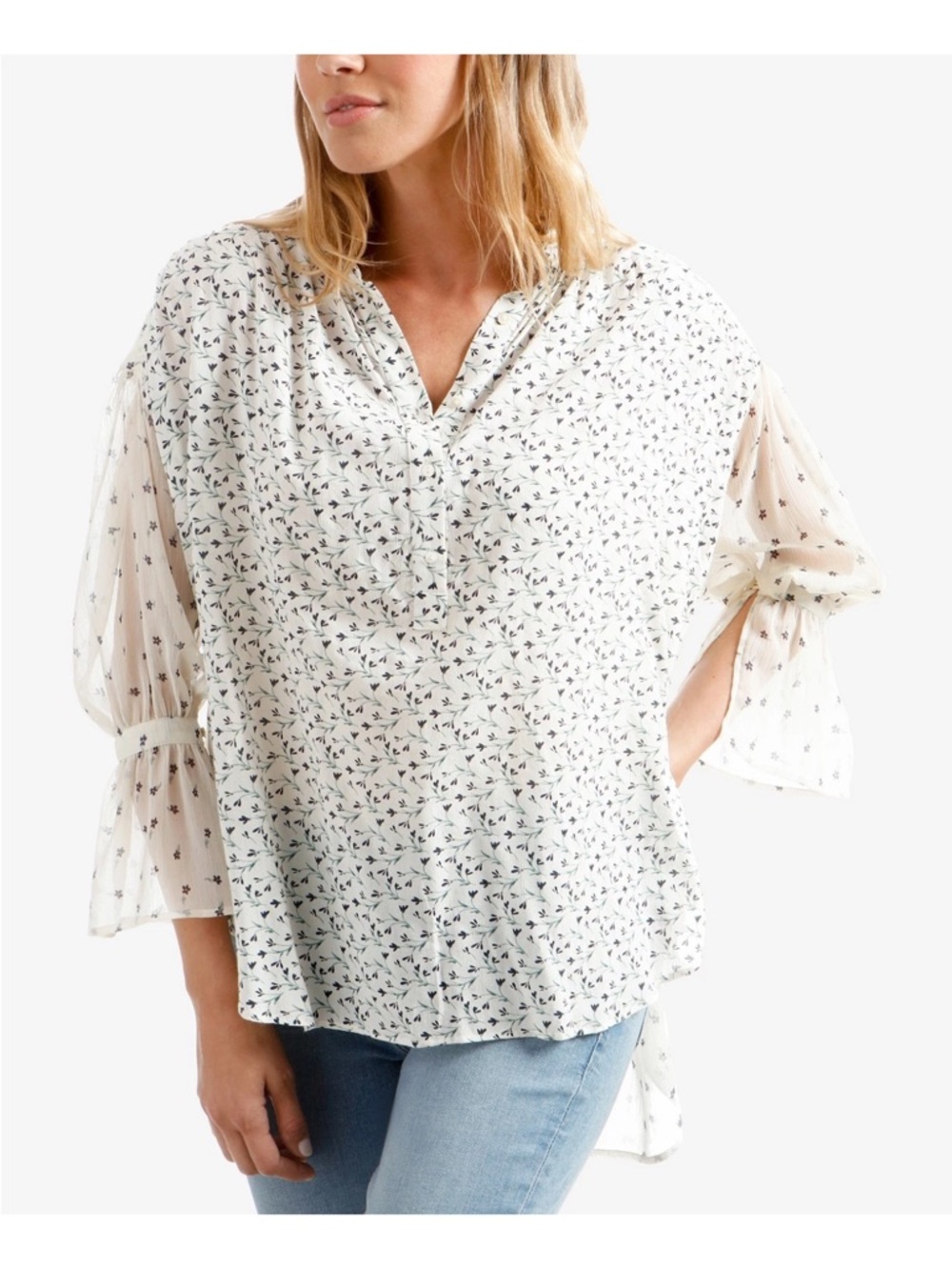 Lucky Brand Boho Floral Blouse Ivory Navy Bell Sleeve Cottagecore Y2K Hippie🌸